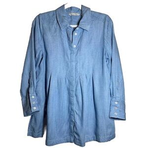 Soft Surroundings Small Chambray Blue Long Sleeve Button Pleated Blouse Petite